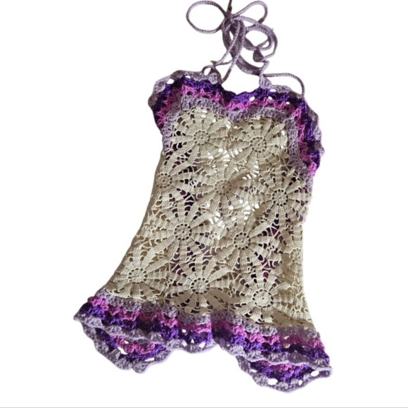 Handmade White Crochet Halter Crop-Top Floral Hand Knit Triangular Shape Purple - Picture 11 of 17